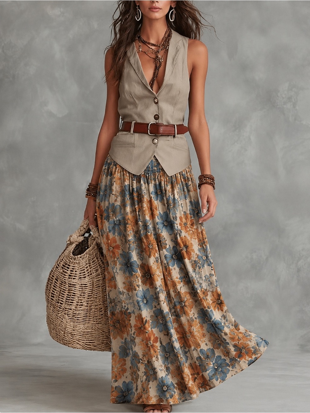 Midi Maxi Linen Skirt Floral Boho Garden Party Blue, Rust S